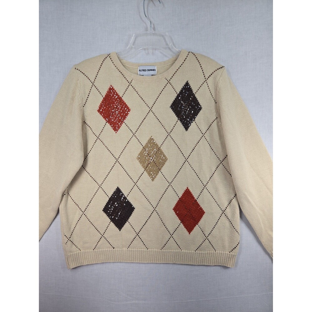 VTG 90s Alfred Dunner Argyle Sequin Sweater Medium Cream Browns Metallic Knit